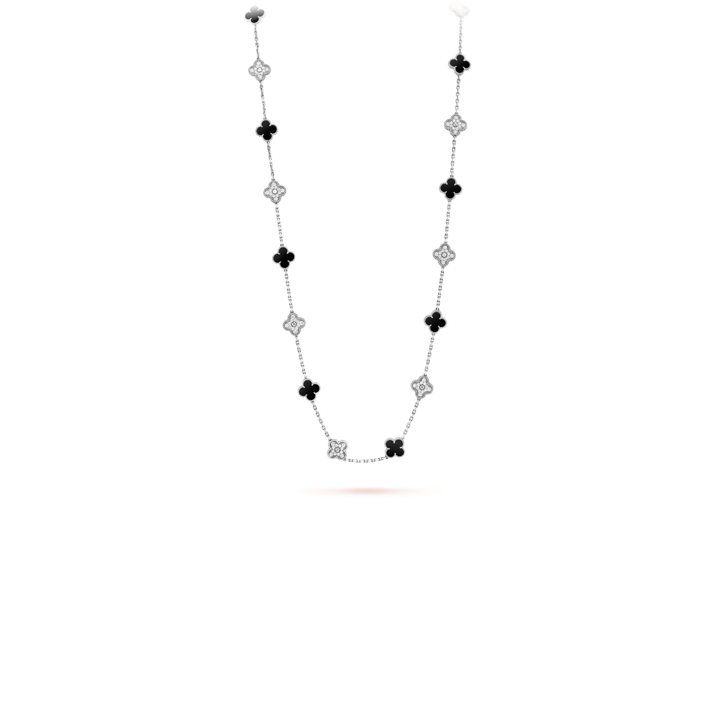 v*n cl*f arpels vintage alhambra long necklace, 20 motifs - white gold, Di*m*nd, onyx  vcarp2r800